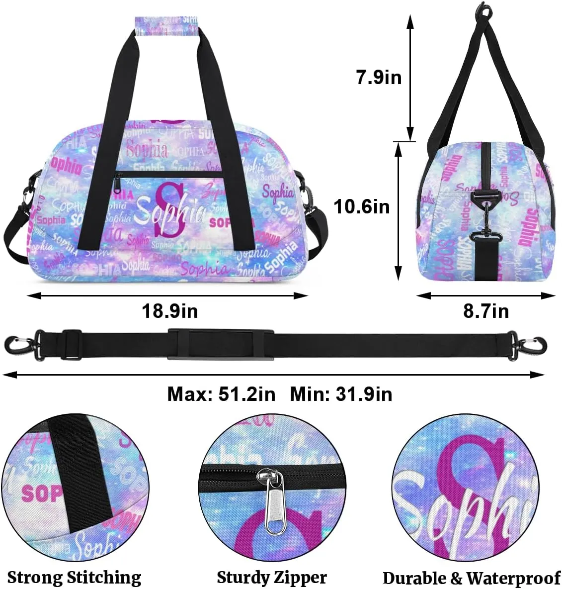 Custom Gym Dance Bag with Name, Overnight Workout Duffel Bags Cheerleaders Bag Personalized Sport Training Bag Weekender Bags, Watercolor Purple Blue Galaxy Universe