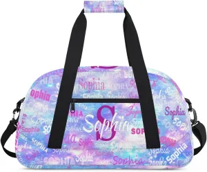 Custom Gym Dance Bag with Name, Overnight Workout Duffel Bags Cheerleaders Bag Personalized Sport Training Bag Weekender Bags, Watercolor Purple Blue Galaxy Universe