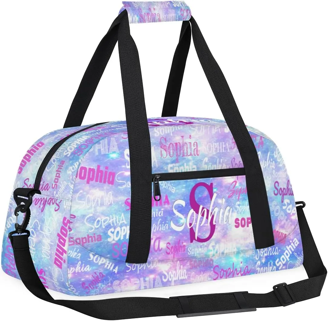 Custom Gym Dance Bag with Name, Overnight Workout Duffel Bags Cheerleaders Bag Personalized Sport Training Bag Weekender Bags, Watercolor Purple Blue Galaxy Universe