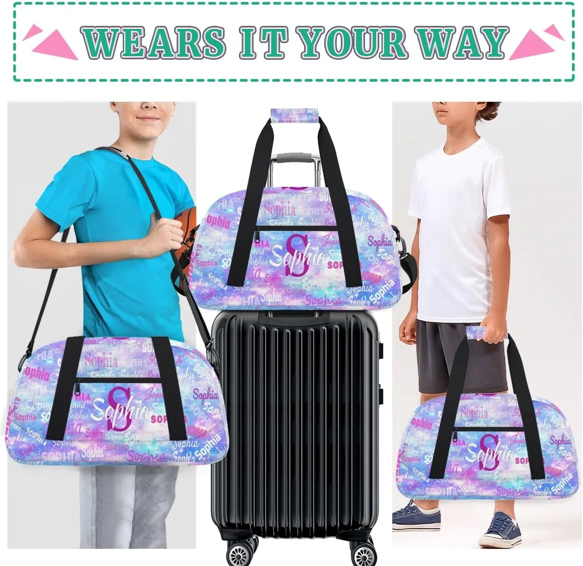 Custom Gym Dance Bag with Name, Overnight Workout Duffel Bags Cheerleaders Bag Personalized Sport Training Bag Weekender Bags, Watercolor Purple Blue Galaxy Universe
