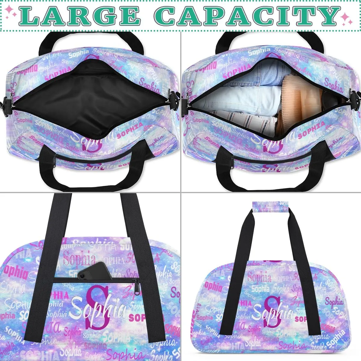 Custom Gym Dance Bag with Name, Overnight Workout Duffel Bags Cheerleaders Bag Personalized Sport Training Bag Weekender Bags, Watercolor Purple Blue Galaxy Universe