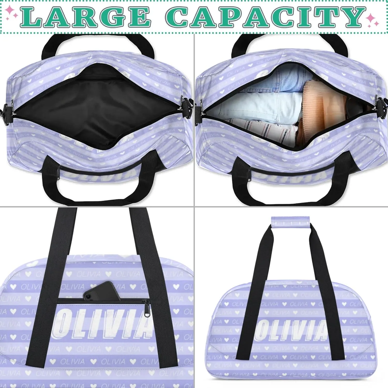 Custom Kids Duffel Bags Personalized Sport Gym Bag with Adjustable & Removable Shoulder Strap Lightweight Overnight Weekender Bag for Boys Girls Travel Sport School(Purple Stripes)