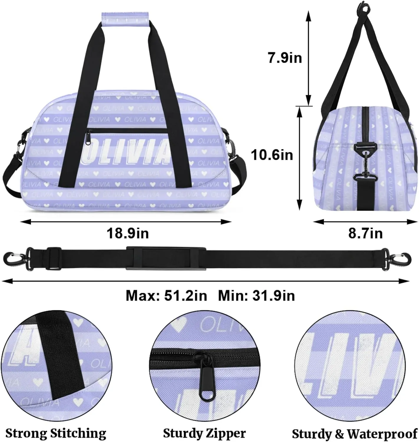 Custom Kids Duffel Bags Personalized Sport Gym Bag with Adjustable & Removable Shoulder Strap Lightweight Overnight Weekender Bag for Boys Girls Travel Sport School(Purple Stripes)