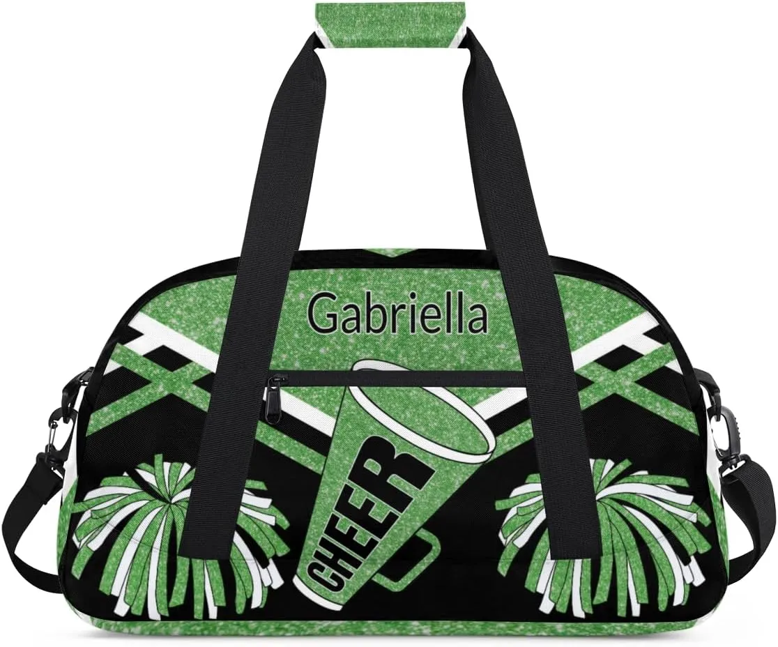 Custom Name Cheerleader Gym Bag for Kids Girls, Personalized Dance Sport Duffel Gymnastics Bag Travel Weekender Outdoor Tote Carry-On Bag, Green Black Glitter Sequins