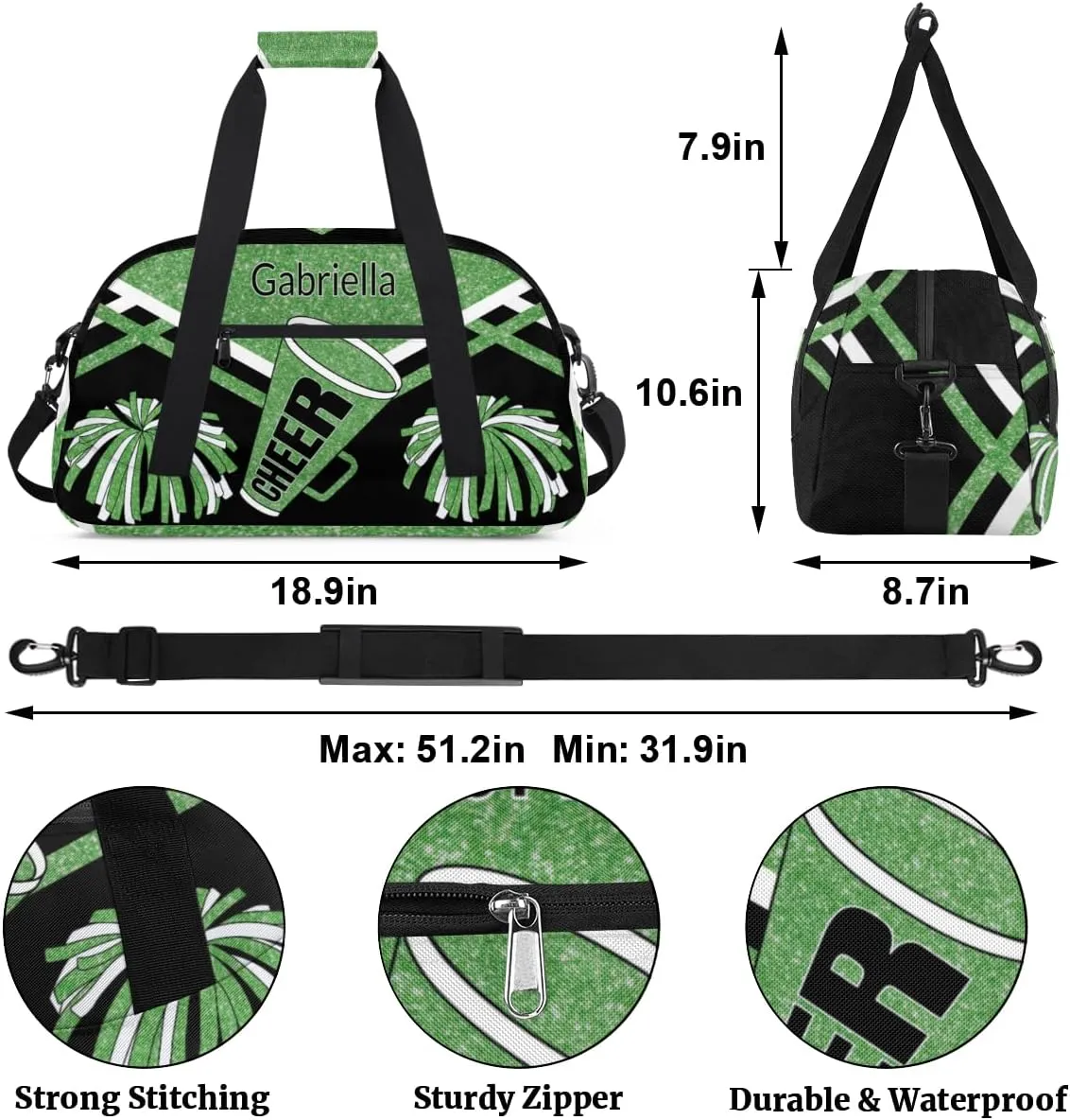 Custom Name Cheerleader Gym Bag for Kids Girls, Personalized Dance Sport Duffel Gymnastics Bag Travel Weekender Outdoor Tote Carry-On Bag, Green Black Glitter Sequins