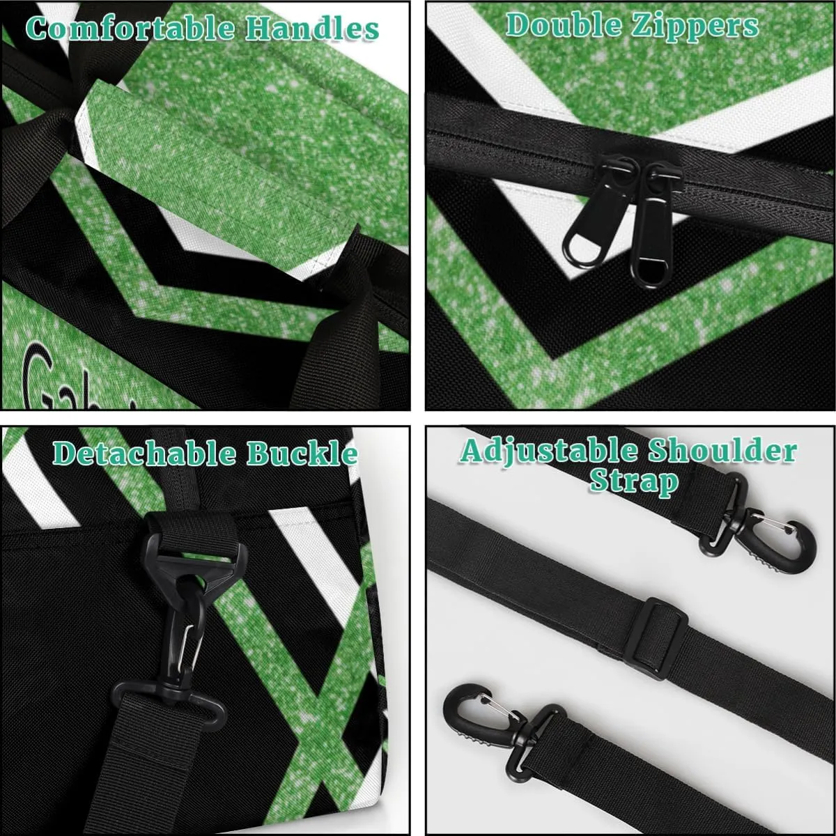 Custom Name Cheerleader Gym Bag for Kids Girls, Personalized Dance Sport Duffel Gymnastics Bag Travel Weekender Outdoor Tote Carry-On Bag, Green Black Glitter Sequins
