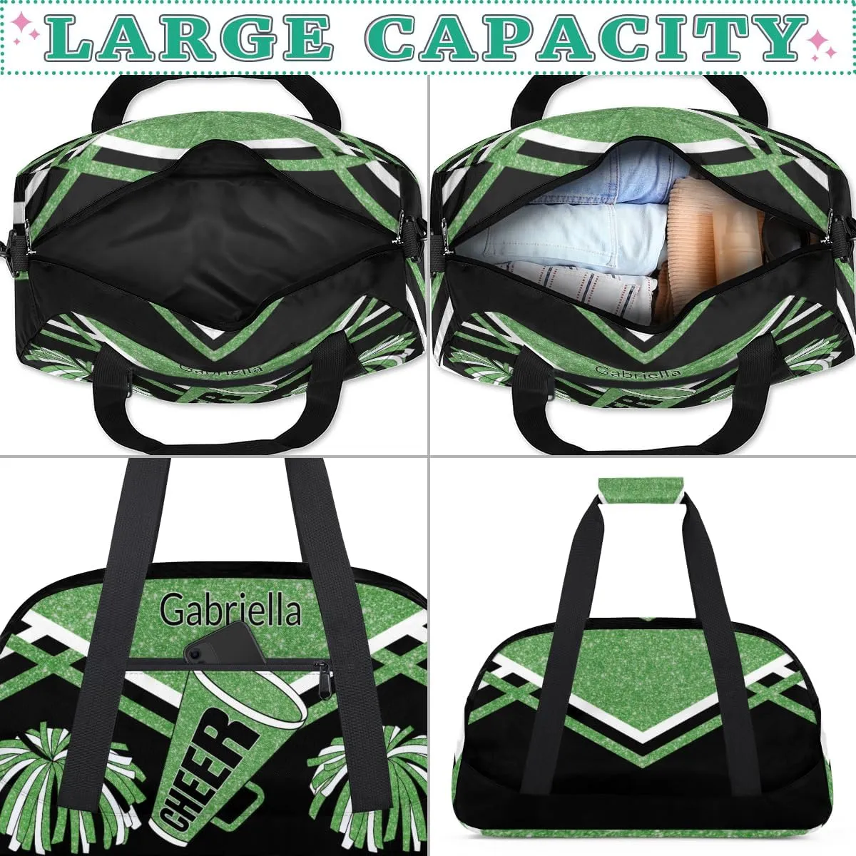 Custom Name Cheerleader Gym Bag for Kids Girls, Personalized Dance Sport Duffel Gymnastics Bag Travel Weekender Outdoor Tote Carry-On Bag, Green Black Glitter Sequins