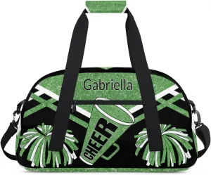 Custom Name Cheerleader Gym Bag for Kids Girls, Personalized Dance Sport Duffel Gymnastics Bag Travel Weekender Outdoor Tote Carry-On Bag, Green Black Glitter Sequins