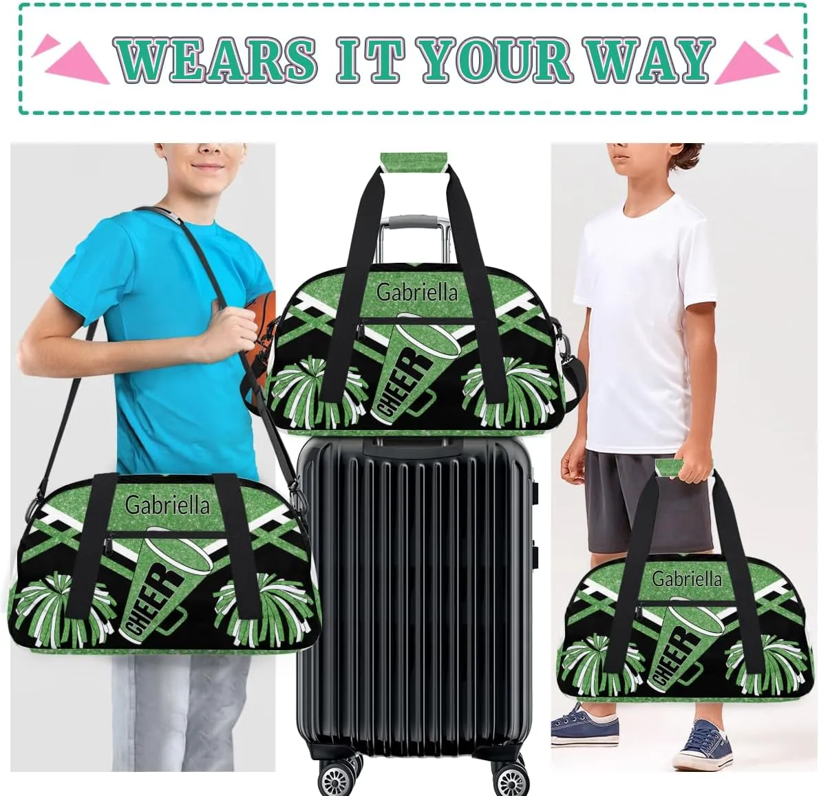 Custom Name Cheerleader Gym Bag for Kids Girls, Personalized Dance Sport Duffel Gymnastics Bag Travel Weekender Outdoor Tote Carry-On Bag, Green Black Glitter Sequins