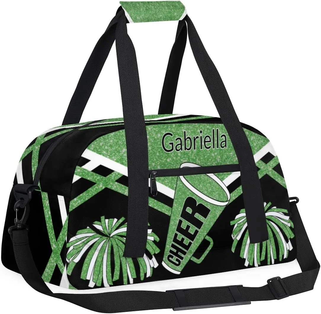 Custom Name Cheerleader Gym Bag for Kids Girls, Personalized Dance Sport Duffel Gymnastics Bag Travel Weekender Outdoor Tote Carry-On Bag, Green Black Glitter Sequins