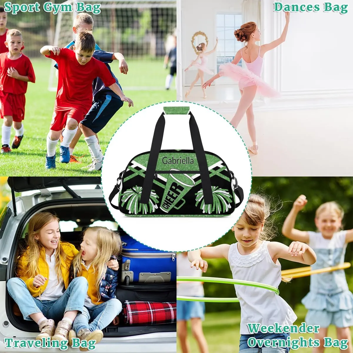 Custom Name Cheerleader Gym Bag for Kids Girls, Personalized Dance Sport Duffel Gymnastics Bag Travel Weekender Outdoor Tote Carry-On Bag, Green Black Glitter Sequins