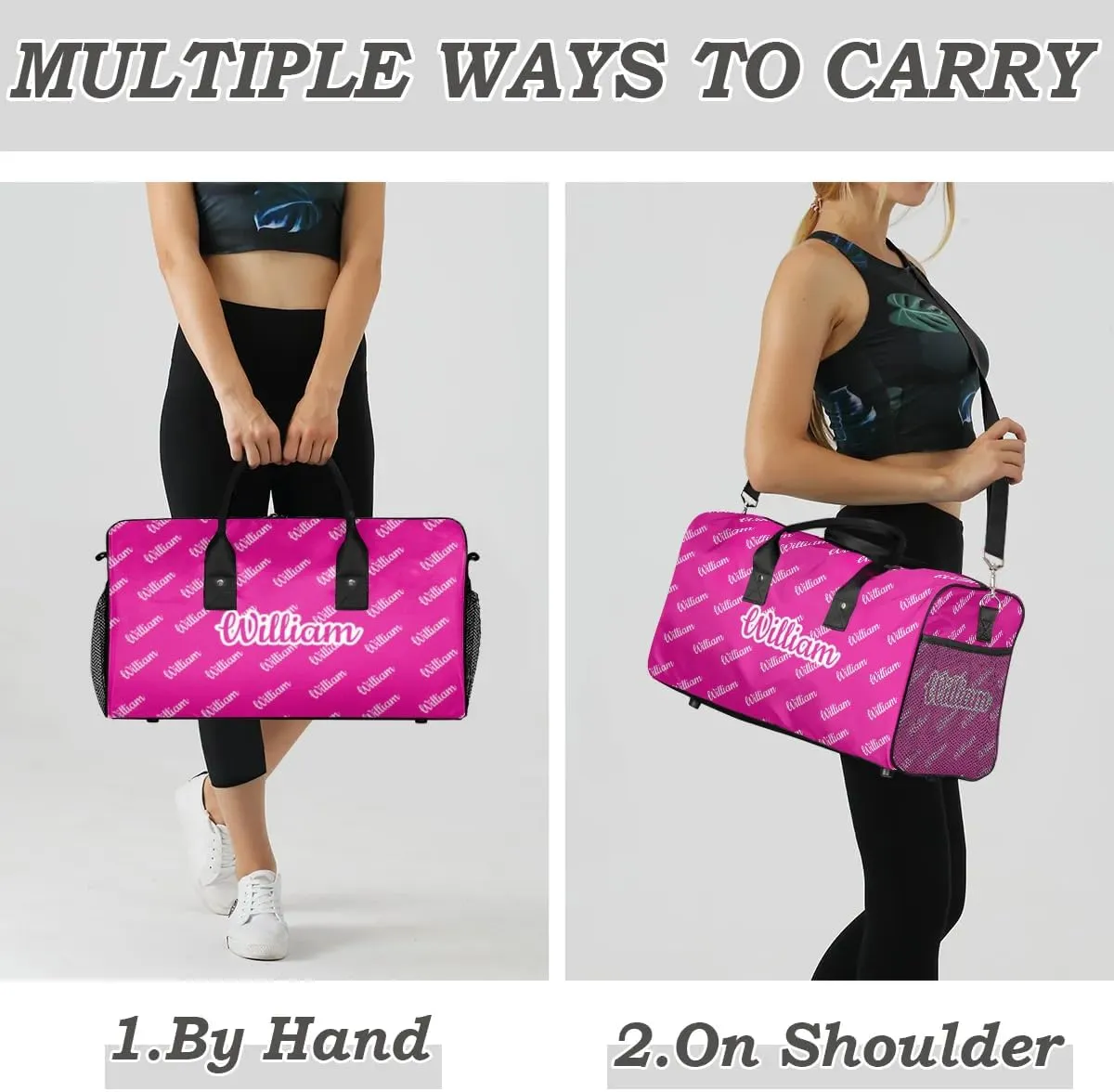 Custom Name Duffel Bag Personalized Sports Bag Dance Gym Bags Travel Overnight Carry-On Duffel Bag for Women Men Waterproof, Hot Pink