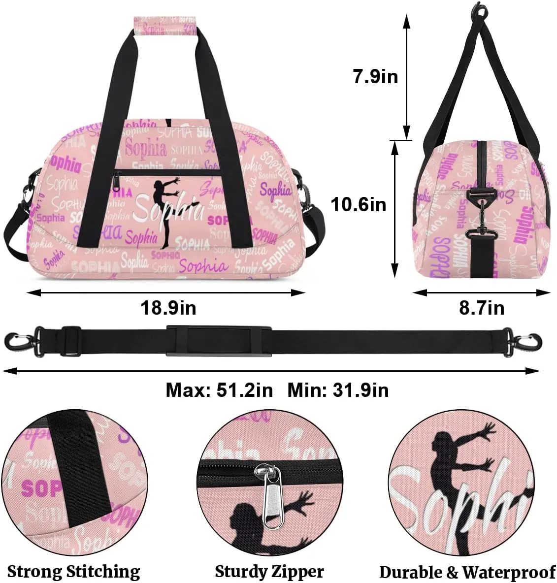 Custom Name Gym Dance Bags for Girls, Overnight Duffel Bags Dancing Cheerleaders Personalized Sport Gym Bag Travel Practice Gymnastics Duffel Bag, Solid Light Pink Background