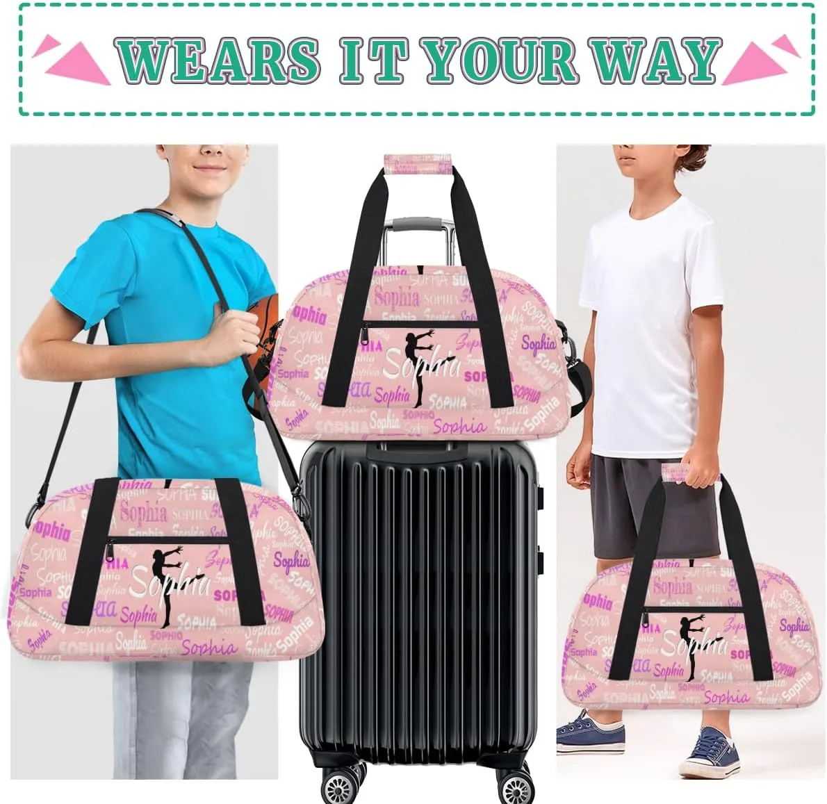Custom Name Gym Dance Bags for Girls, Overnight Duffel Bags Dancing Cheerleaders Personalized Sport Gym Bag Travel Practice Gymnastics Duffel Bag, Solid Light Pink Background