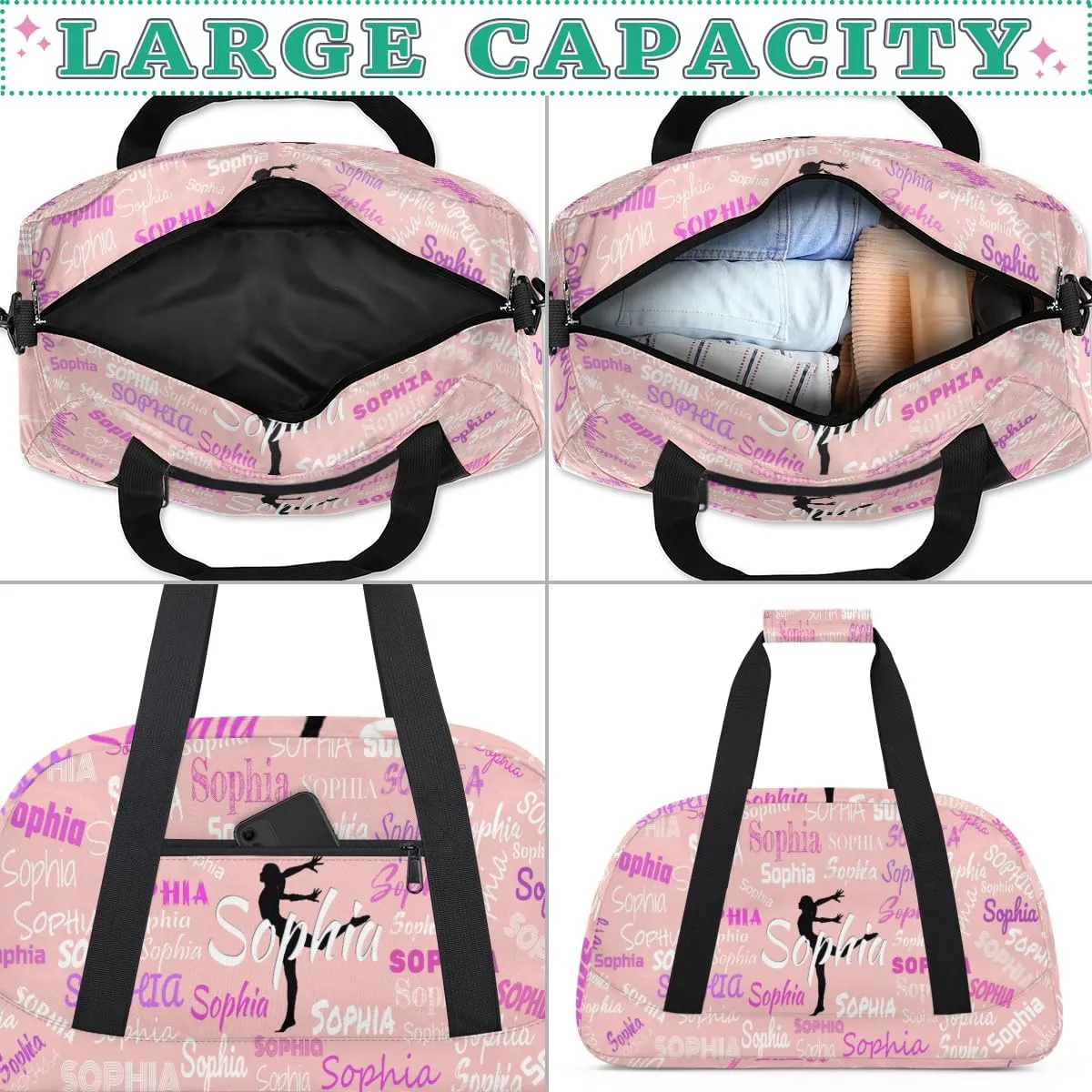 Custom Name Gym Dance Bags for Girls, Overnight Duffel Bags Dancing Cheerleaders Personalized Sport Gym Bag Travel Practice Gymnastics Duffel Bag, Solid Light Pink Background