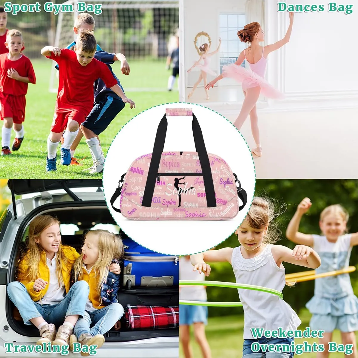 Custom Name Gym Dance Bags for Girls, Overnight Duffel Bags Dancing Cheerleaders Personalized Sport Gym Bag Travel Practice Gymnastics Duffel Bag, Solid Light Pink Background