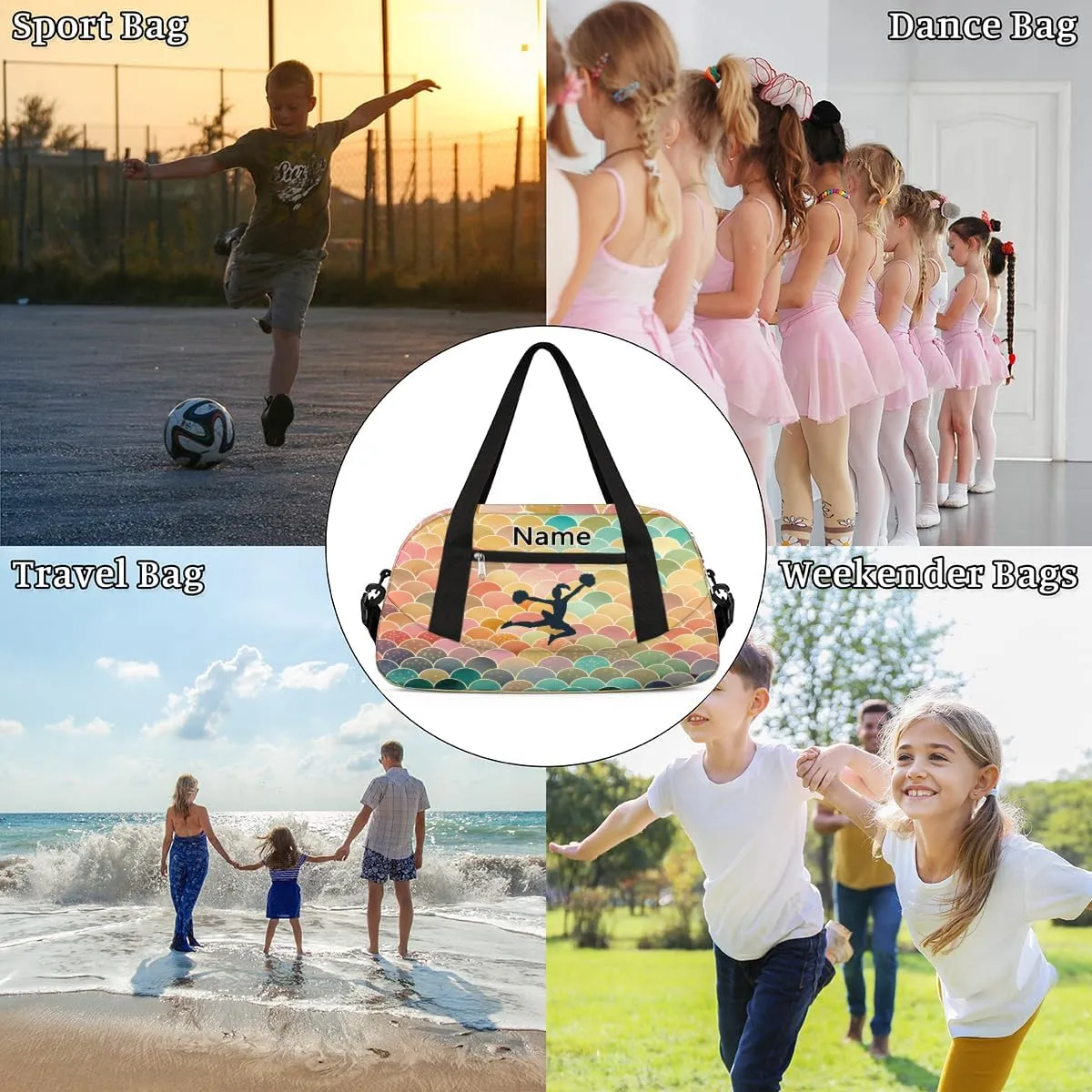 Custom Name Kids Duffle Bag Personalized Text Ballet Dance Sports Bag Waterproof Overnight Weekender Travel Workout Duffel Bag Gymnastics Carry On Bag for Boys Girls Teen Gifts, Colorful Cheer