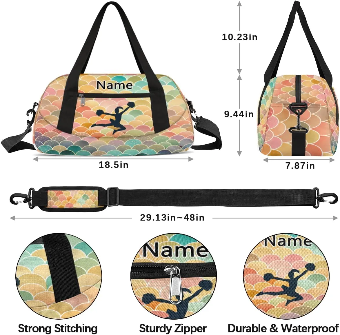 Custom Name Kids Duffle Bag Personalized Text Ballet Dance Sports Bag Waterproof Overnight Weekender Travel Workout Duffel Bag Gymnastics Carry On Bag for Boys Girls Teen Gifts, Colorful Cheer