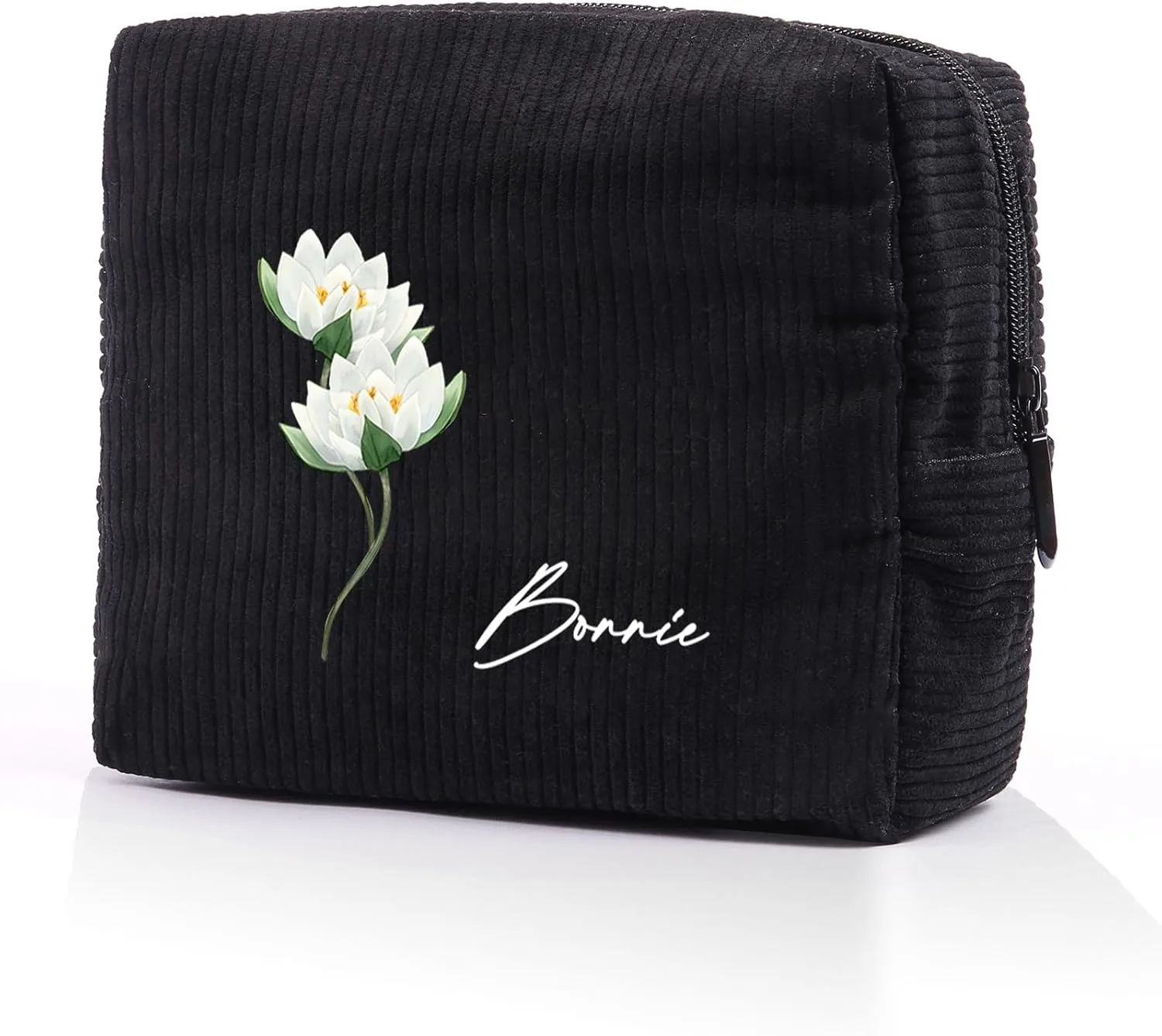 Custom Name Makeup Bags for Women Personalized Travel Cosmetic Bag with Birth Flower Portable Make Up Bags Customized Gifts for Women Mother Sister (Black)