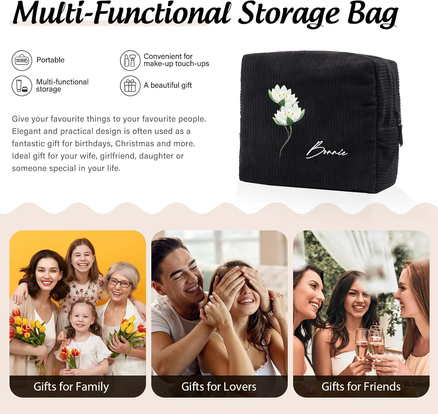 Custom Name Makeup Bags for Women Personalized Travel Cosmetic Bag with Birth Flower Portable Make Up Bags Customized Gifts for Women Mother Sister (Black)