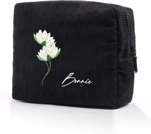 Custom Name Makeup Bags for Women Personalized Travel Cosmetic Bag with Birth Flower Portable Make Up Bags Customized Gifts for Women Mother Sister (Black)