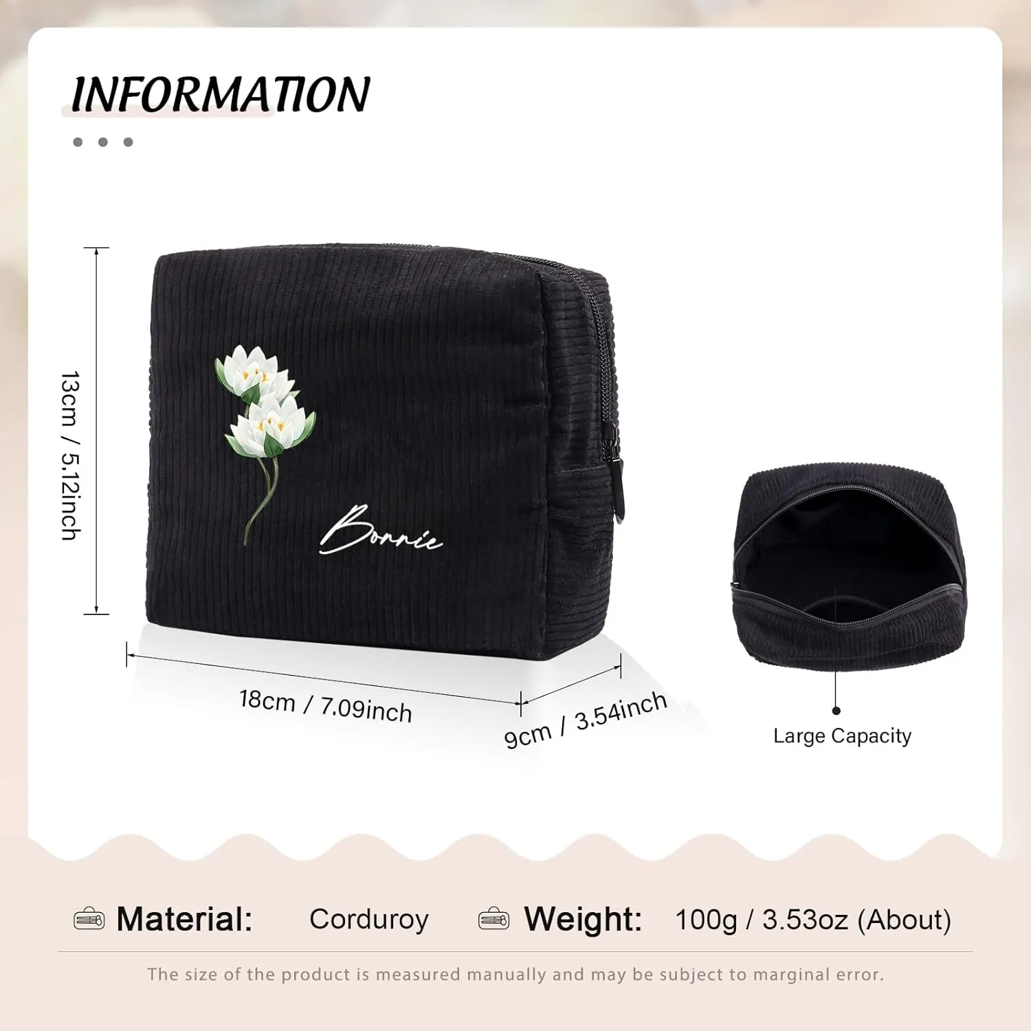 Custom Name Makeup Bags for Women Personalized Travel Cosmetic Bag with Birth Flower Portable Make Up Bags Customized Gifts for Women Mother Sister (Black)
