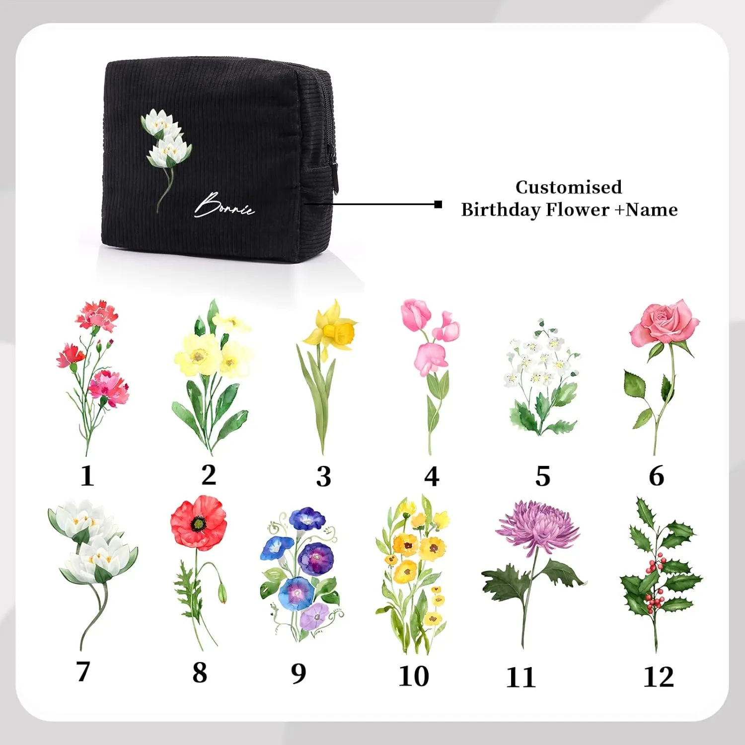 Custom Name Makeup Bags for Women Personalized Travel Cosmetic Bag with Birth Flower Portable Make Up Bags Customized Gifts for Women Mother Sister (Black)