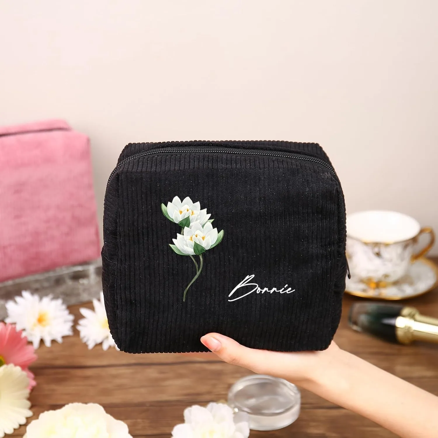 Custom Name Makeup Bags for Women Personalized Travel Cosmetic Bag with Birth Flower Portable Make Up Bags Customized Gifts for Women Mother Sister (Black)
