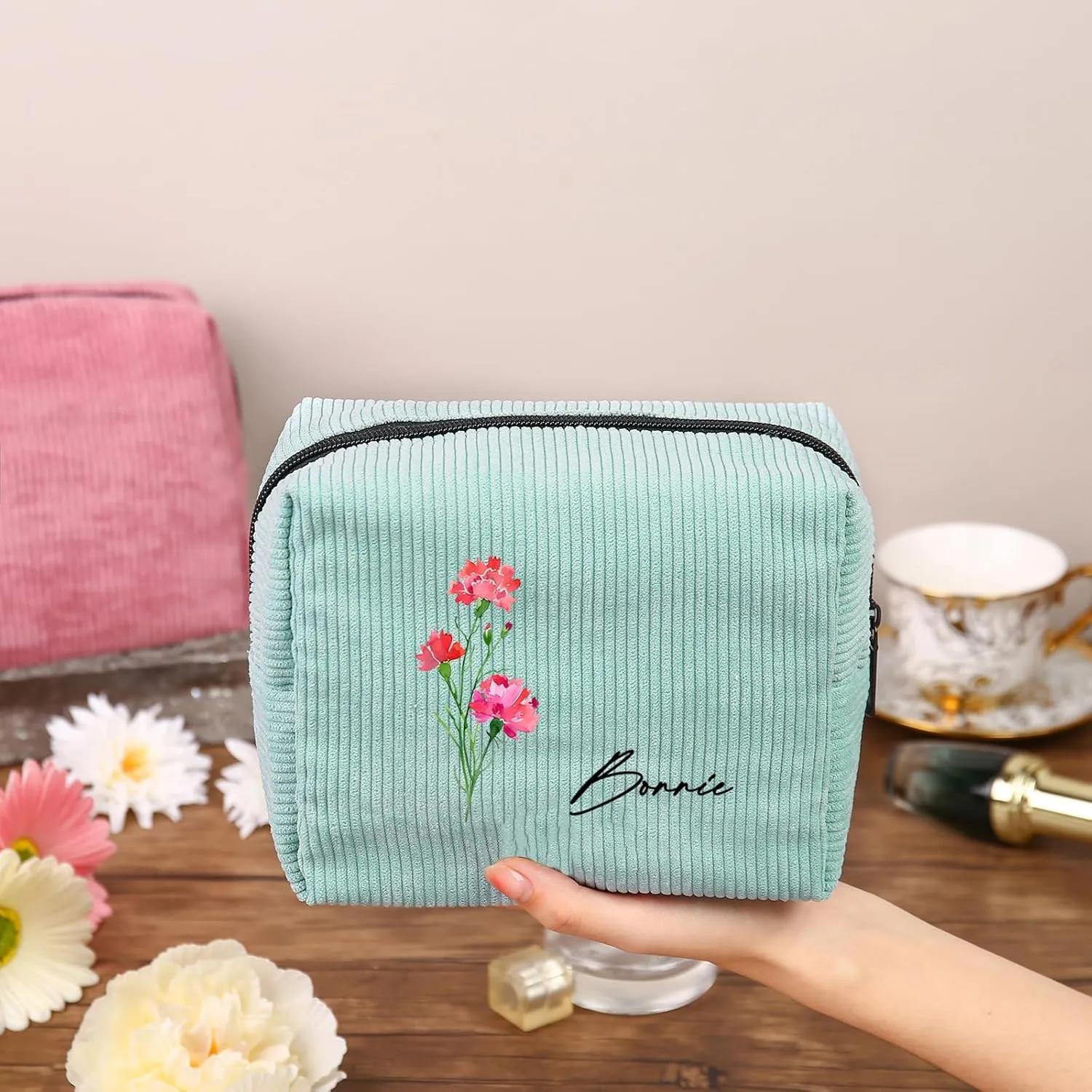 Custom Name Makeup Bags for Women Personalized Travel Cosmetic Bag with Birth Flower Portable Make Up Bags Customized Gifts for Women Mother Sister (Blue)