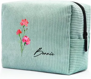 Custom Name Makeup Bags for Women Personalized Travel Cosmetic Bag with Birth Flower Portable Make Up Bags Customized Gifts for Women Mother Sister (Blue)