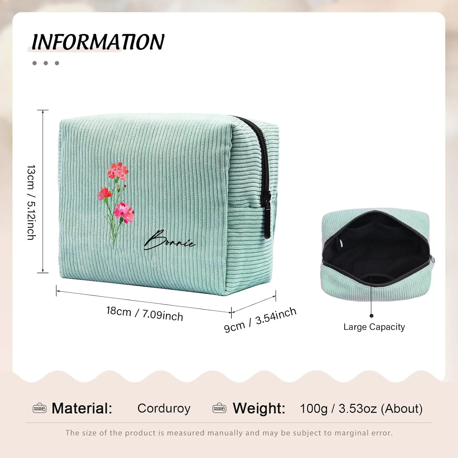 Custom Name Makeup Bags for Women Personalized Travel Cosmetic Bag with Birth Flower Portable Make Up Bags Customized Gifts for Women Mother Sister (Blue)