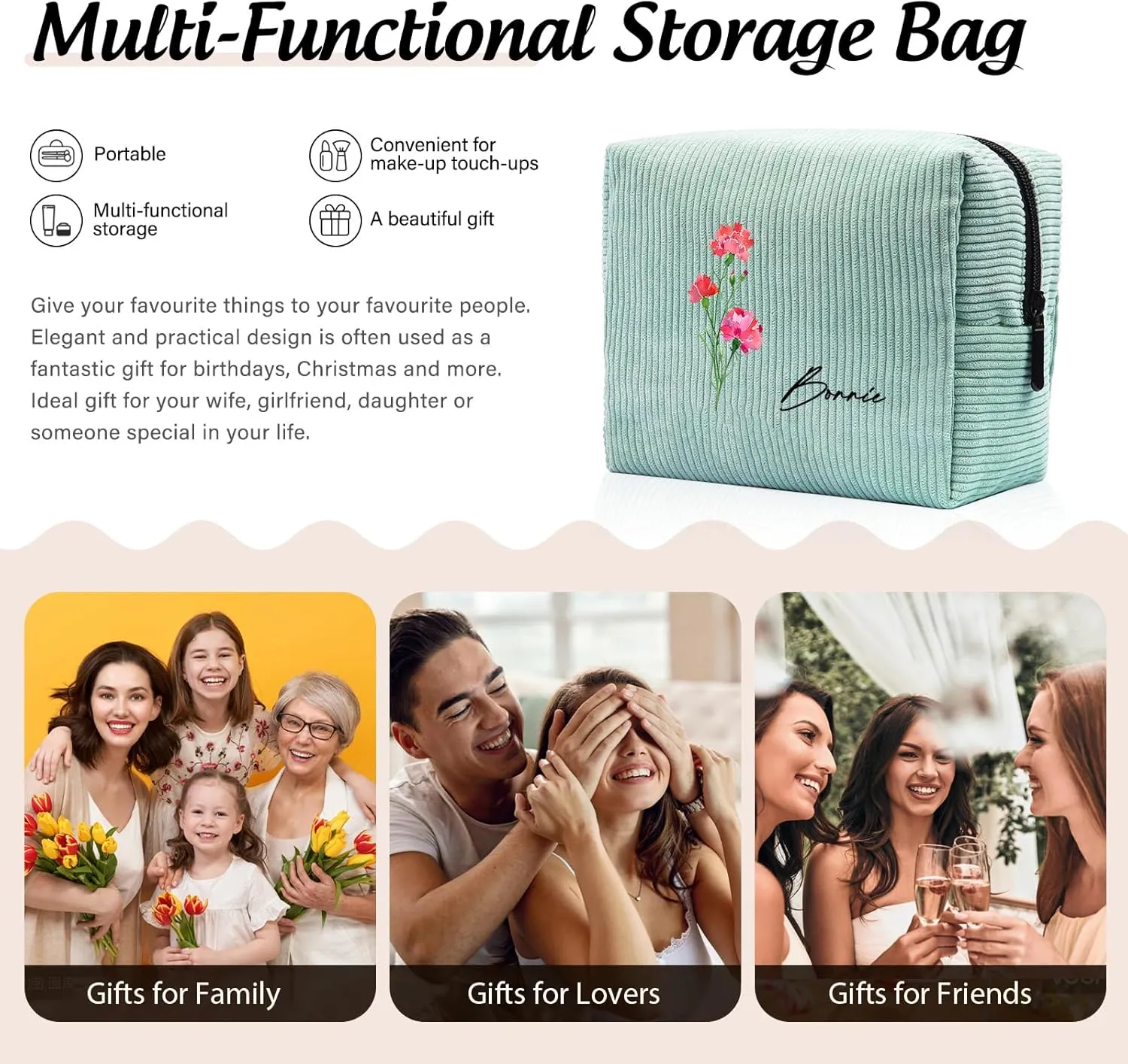 Custom Name Makeup Bags for Women Personalized Travel Cosmetic Bag with Birth Flower Portable Make Up Bags Customized Gifts for Women Mother Sister (Blue)