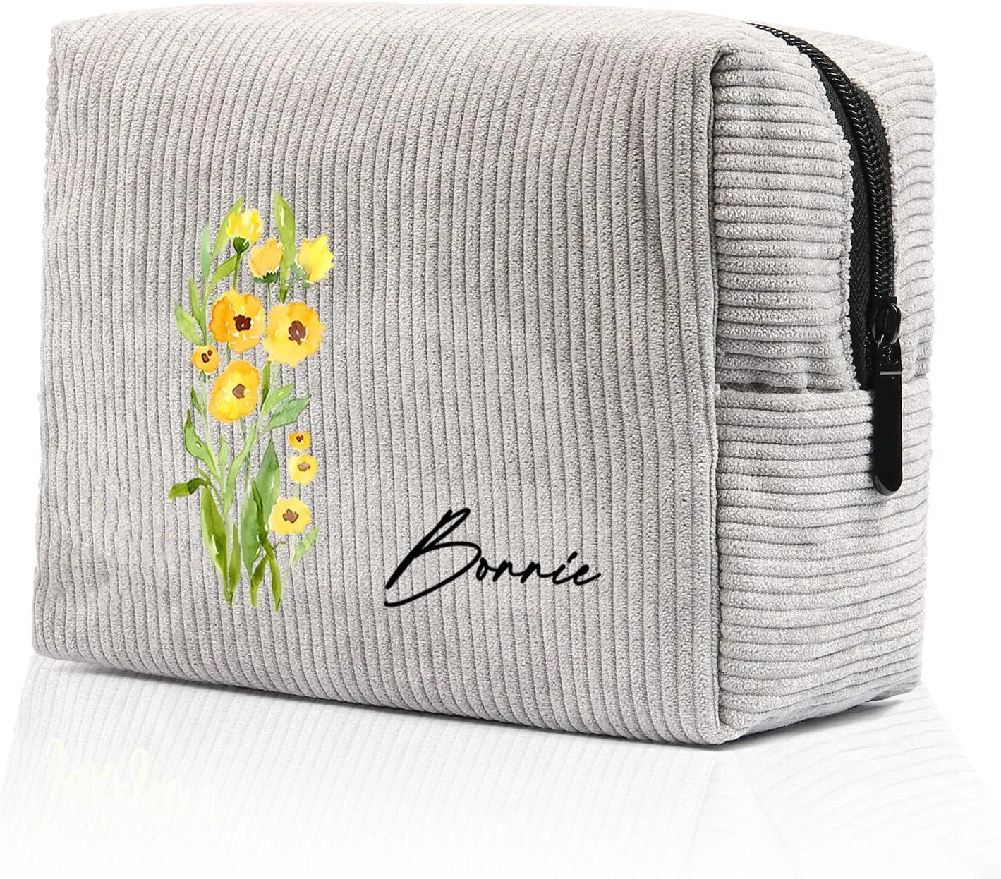 Custom Name Makeup Bags for Women Personalized Travel Cosmetic Bag with Birth Flower Portable Make Up Bags Customized Gifts for Women Mother Sister (Grey)