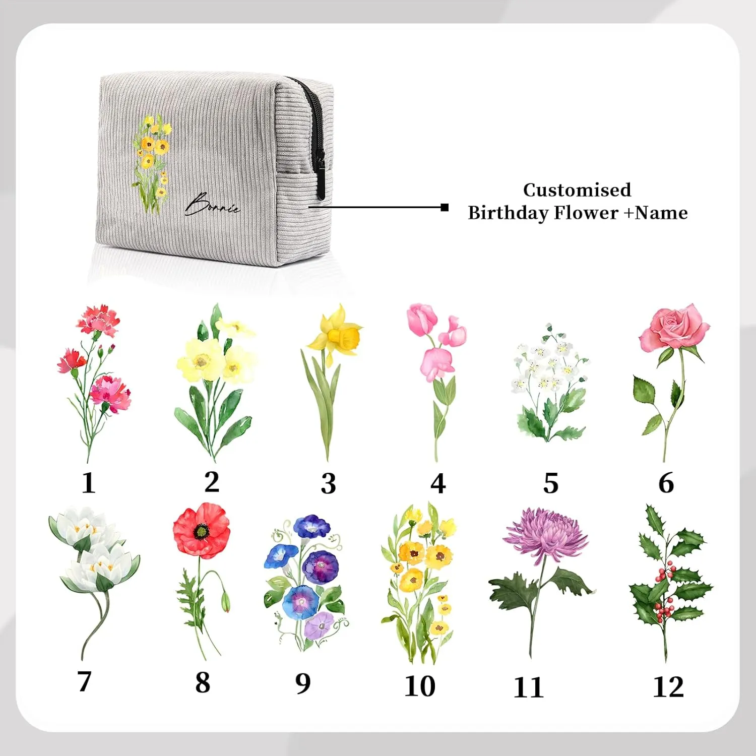 Custom Name Makeup Bags for Women Personalized Travel Cosmetic Bag with Birth Flower Portable Make Up Bags Customized Gifts for Women Mother Sister (Grey)