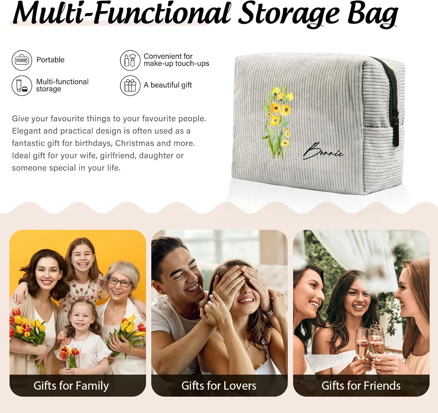 Custom Name Makeup Bags for Women Personalized Travel Cosmetic Bag with Birth Flower Portable Make Up Bags Customized Gifts for Women Mother Sister (Grey)