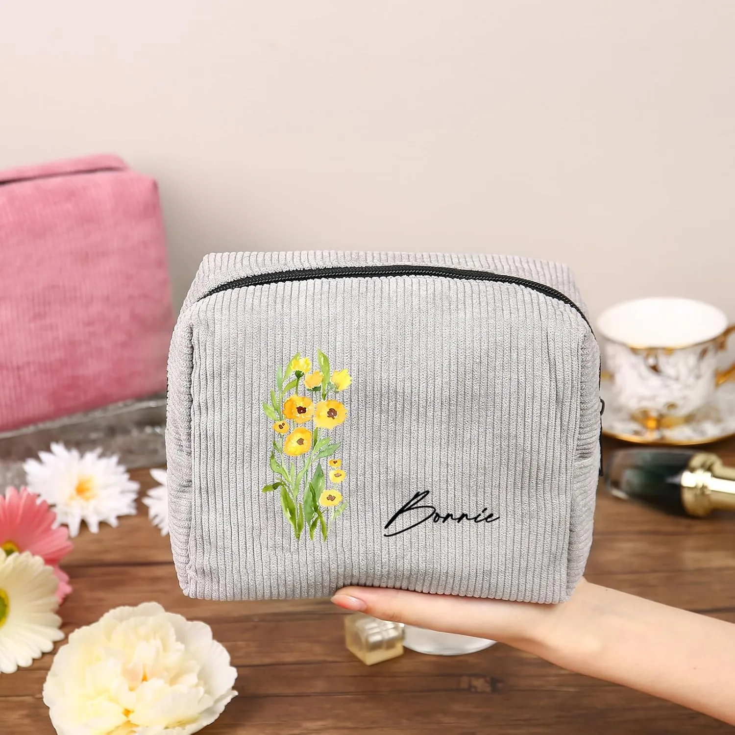 Custom Name Makeup Bags for Women Personalized Travel Cosmetic Bag with Birth Flower Portable Make Up Bags Customized Gifts for Women Mother Sister (Grey)