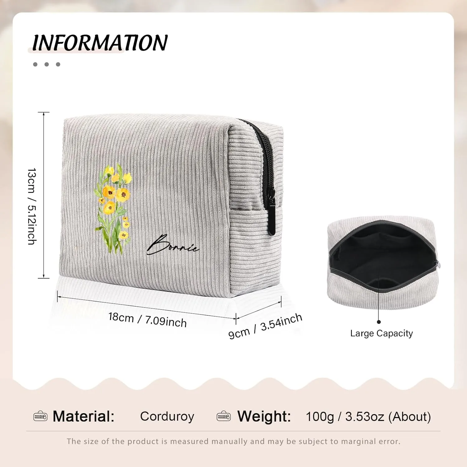 Custom Name Makeup Bags for Women Personalized Travel Cosmetic Bag with Birth Flower Portable Make Up Bags Customized Gifts for Women Mother Sister (Grey)
