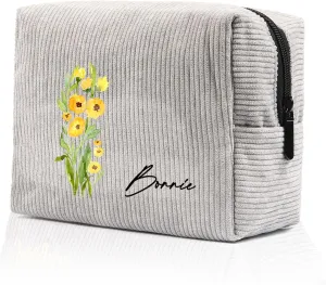 Custom Name Makeup Bags for Women Personalized Travel Cosmetic Bag with Birth Flower Portable Make Up Bags Customized Gifts for Women Mother Sister (Grey)