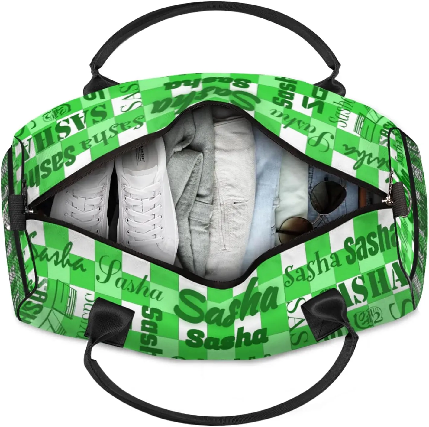 Custom Name Sport Duffel Bag, Personalized Gym Bag for Women, Green Buffalo Plaid Custom Travel Tote Bags for Dance Cheer, Overnight Weekender Bags
