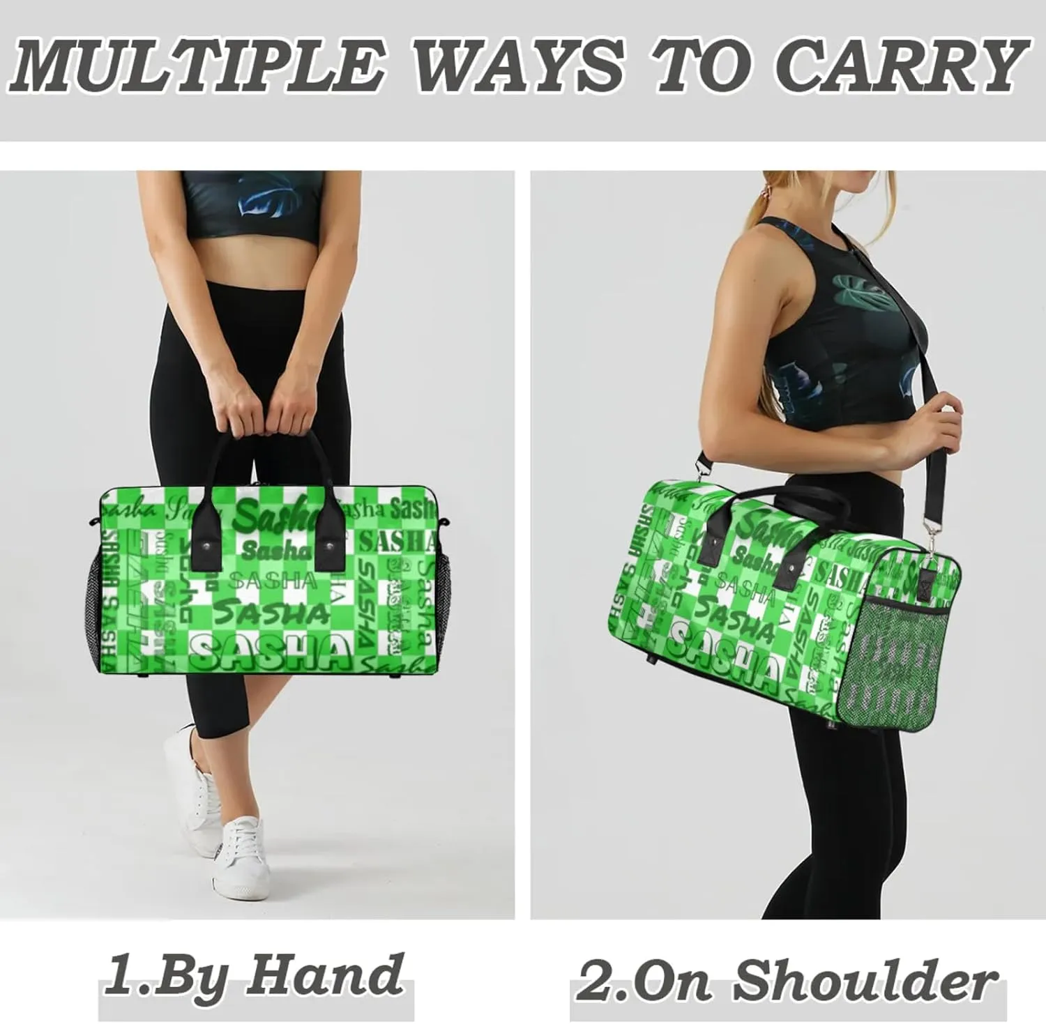 Custom Name Sport Duffel Bag, Personalized Gym Bag for Women, Green Buffalo Plaid Custom Travel Tote Bags for Dance Cheer, Overnight Weekender Bags