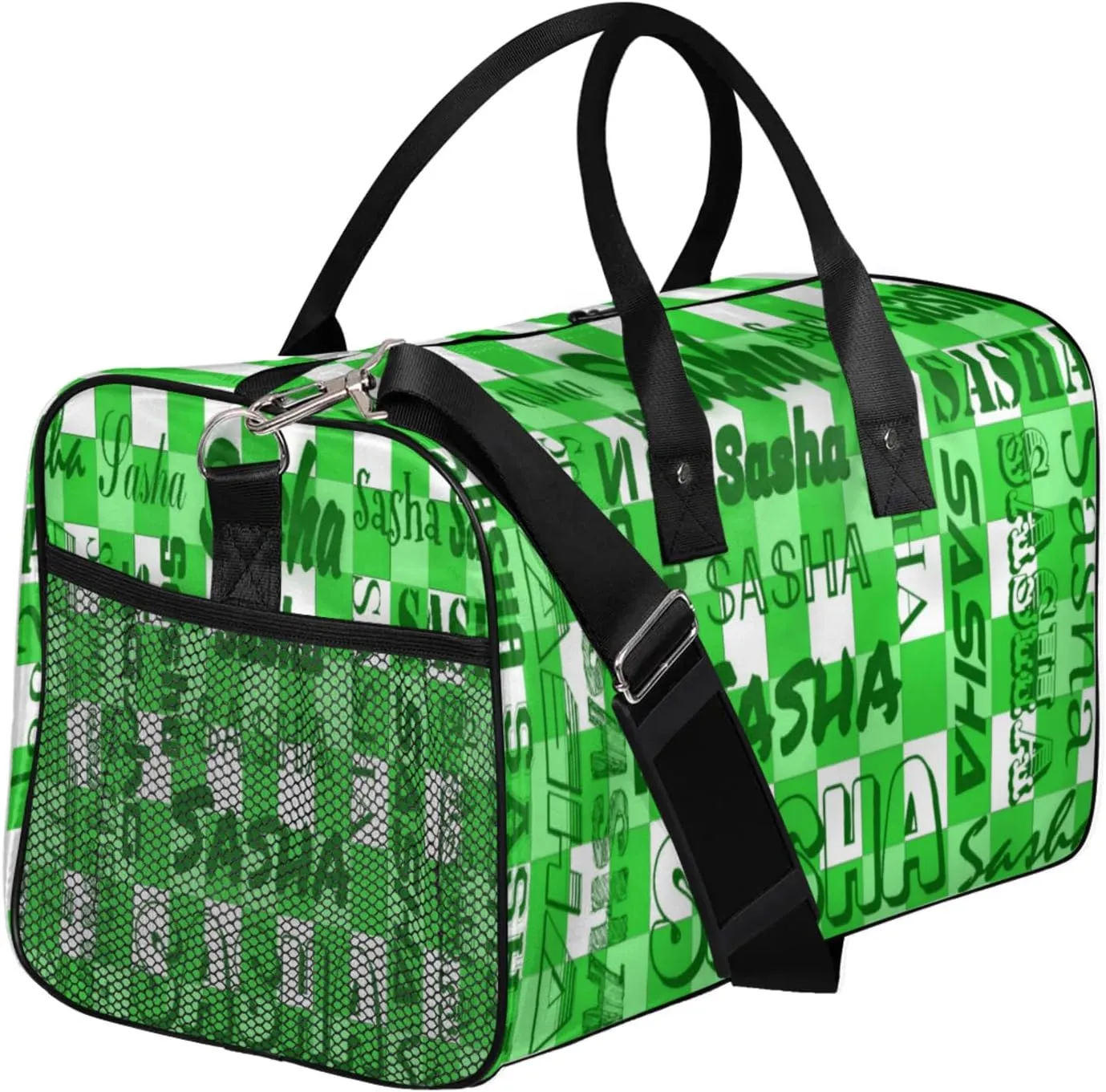 Custom Name Sport Duffel Bag, Personalized Gym Bag for Women, Green Buffalo Plaid Custom Travel Tote Bags for Dance Cheer, Overnight Weekender Bags