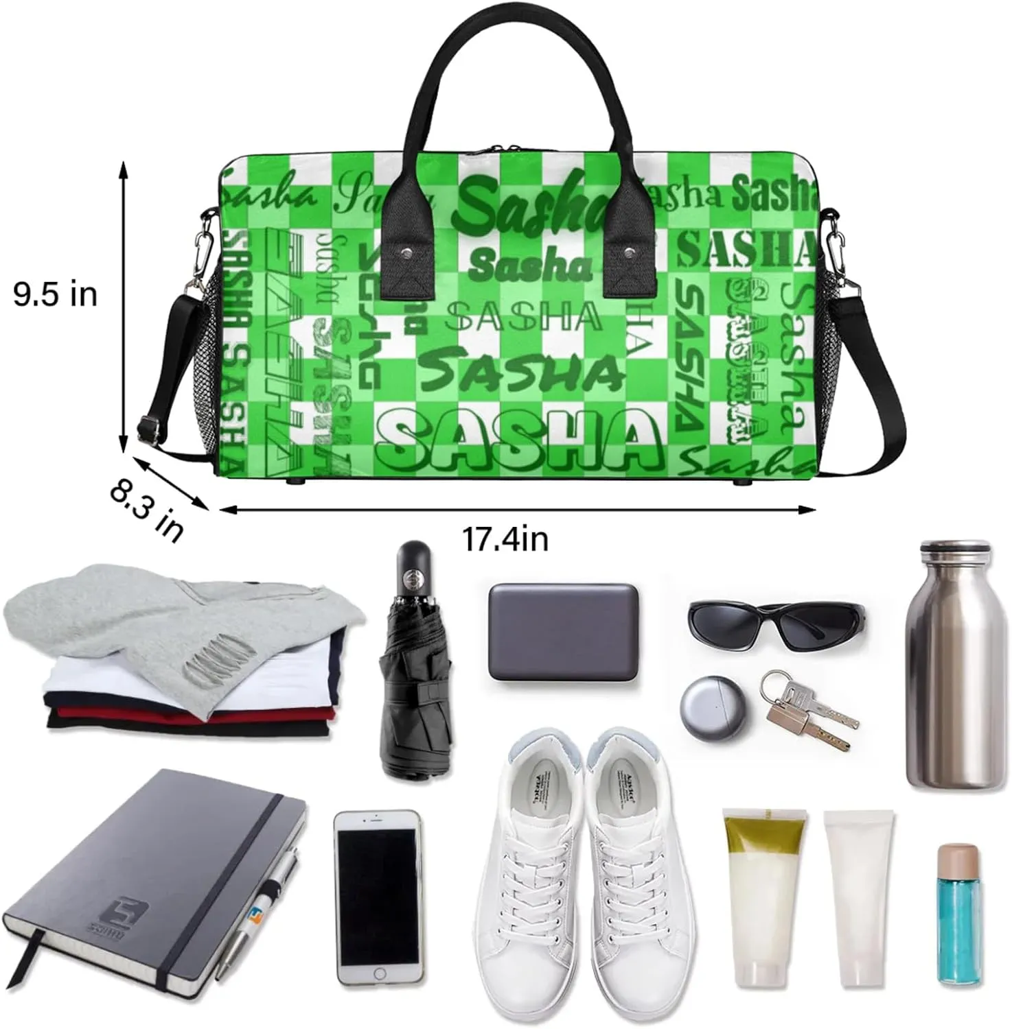 Custom Name Sport Duffel Bag, Personalized Gym Bag for Women, Green Buffalo Plaid Custom Travel Tote Bags for Dance Cheer, Overnight Weekender Bags