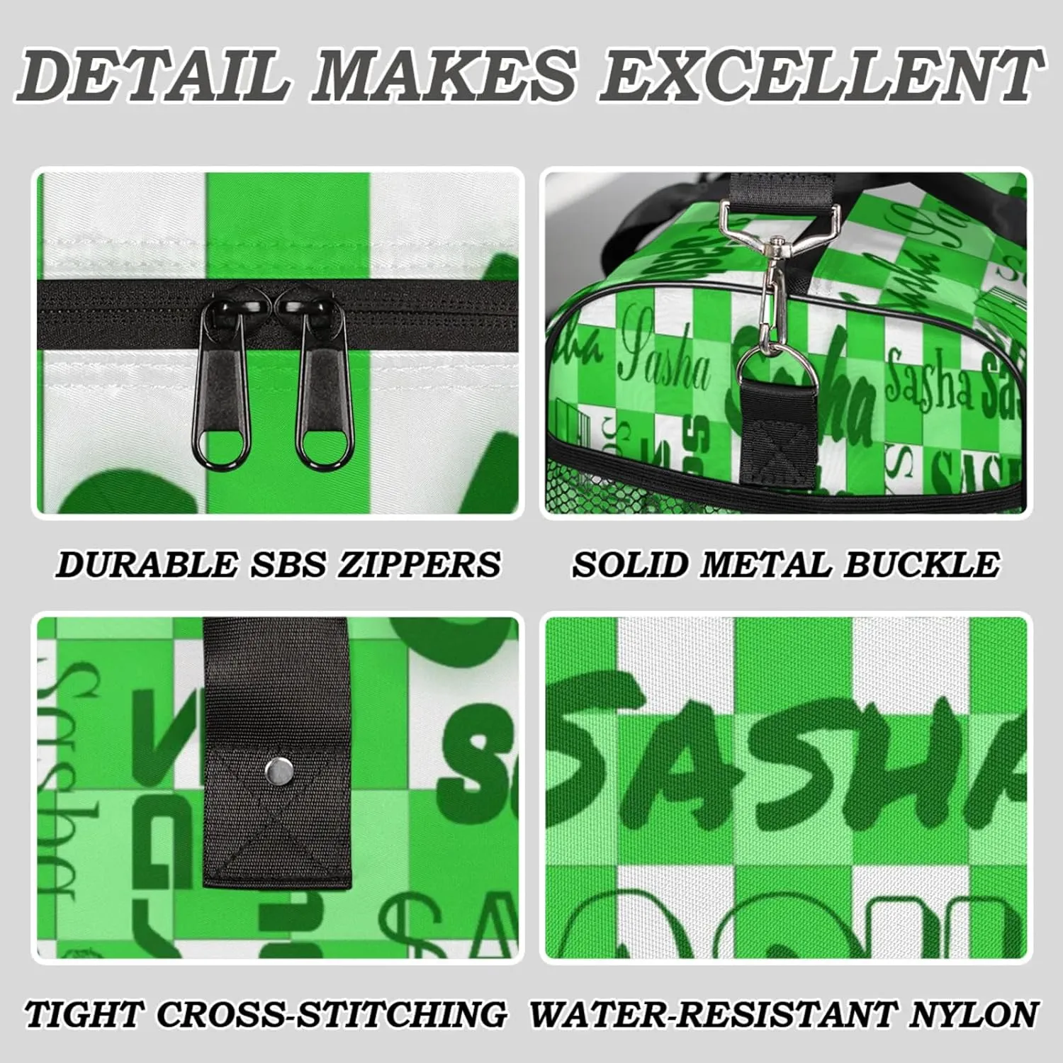 Custom Name Sport Duffel Bag, Personalized Gym Bag for Women, Green Buffalo Plaid Custom Travel Tote Bags for Dance Cheer, Overnight Weekender Bags