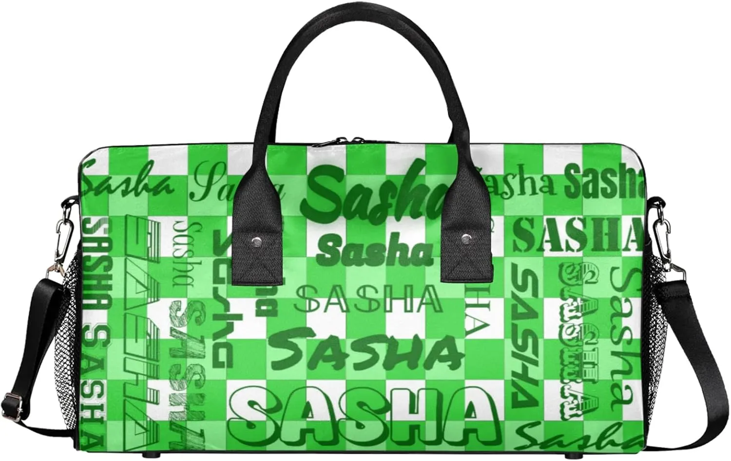 Custom Name Sport Duffel Bag, Personalized Gym Bag for Women, Green Buffalo Plaid Custom Travel Tote Bags for Dance Cheer, Overnight Weekender Bags