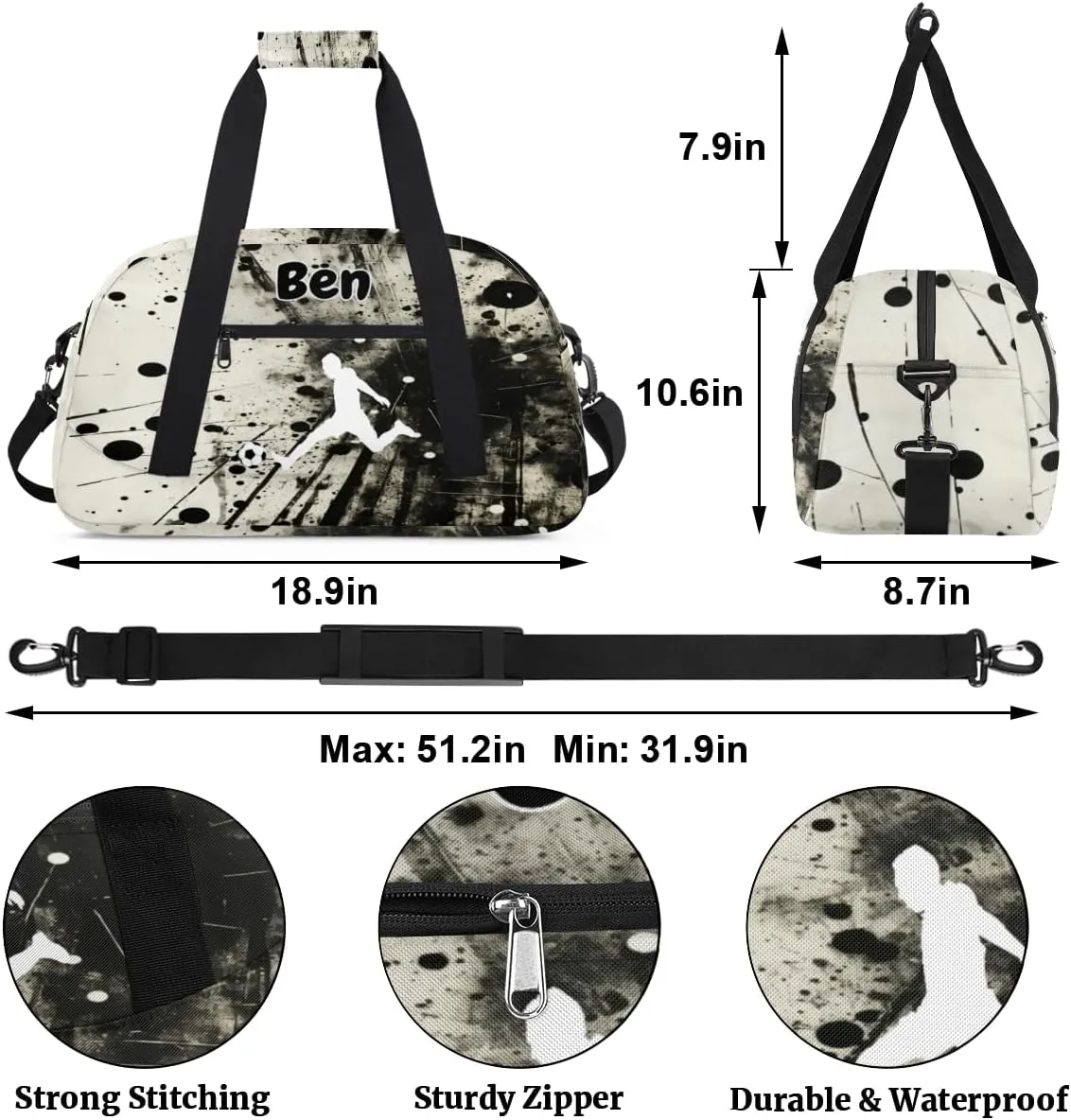 Custom Name Sports Duffel Bag Boys, Personalized Sportsman Training Bag Travel Weekender Tote Carry-On Fitness Workout Bag, Playig Soccer, Art Black Ink Abstract