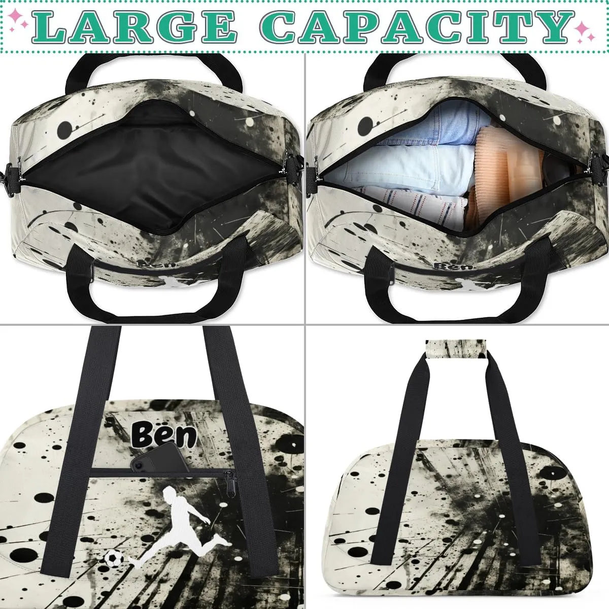 Custom Name Sports Duffel Bag Boys, Personalized Sportsman Training Bag Travel Weekender Tote Carry-On Fitness Workout Bag, Playig Soccer, Art Black Ink Abstract