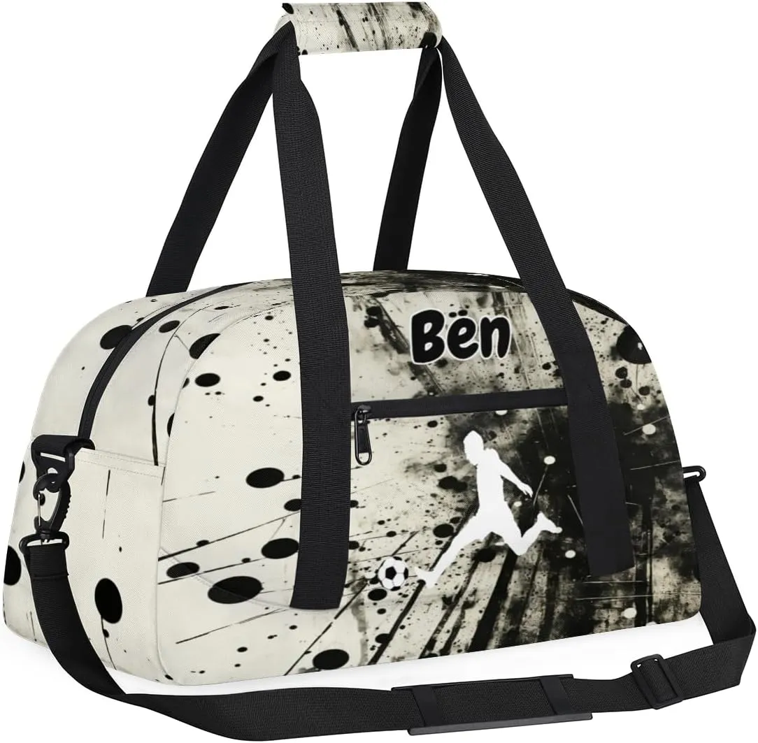 Custom Name Sports Duffel Bag Boys, Personalized Sportsman Training Bag Travel Weekender Tote Carry-On Fitness Workout Bag, Playig Soccer, Art Black Ink Abstract