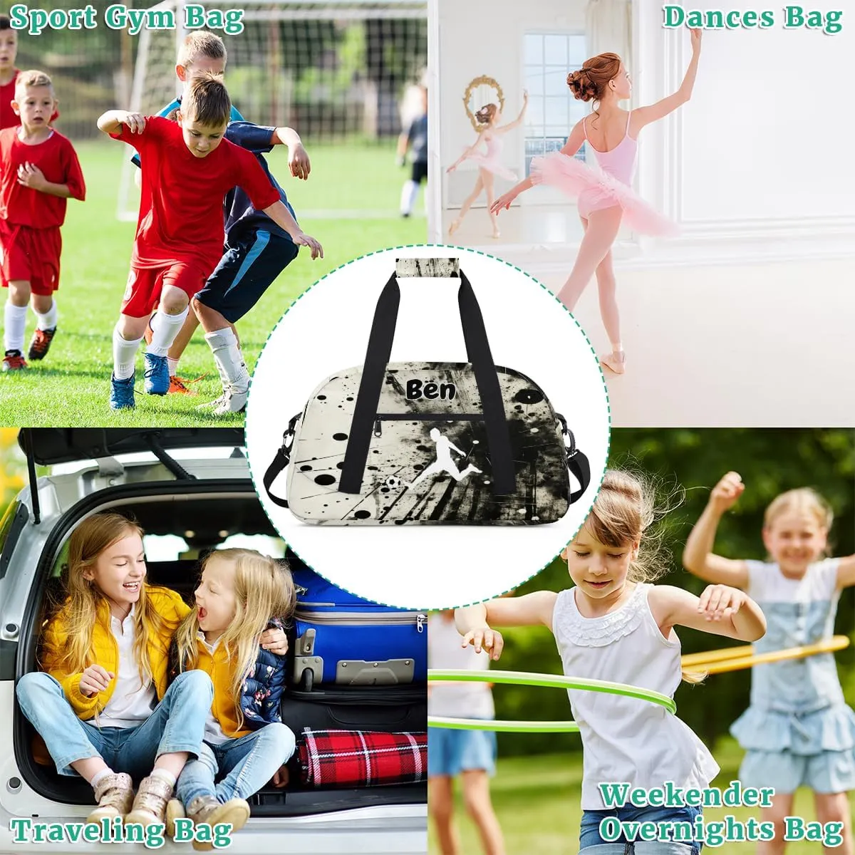 Custom Name Sports Duffel Bag Boys, Personalized Sportsman Training Bag Travel Weekender Tote Carry-On Fitness Workout Bag, Playig Soccer, Art Black Ink Abstract