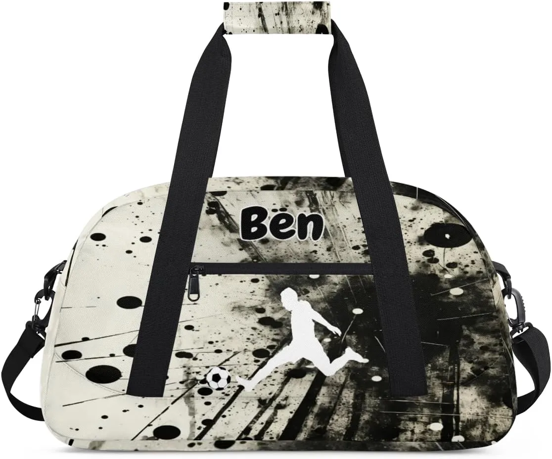 Custom Name Sports Duffel Bag Boys, Personalized Sportsman Training Bag Travel Weekender Tote Carry-On Fitness Workout Bag, Playig Soccer, Art Black Ink Abstract