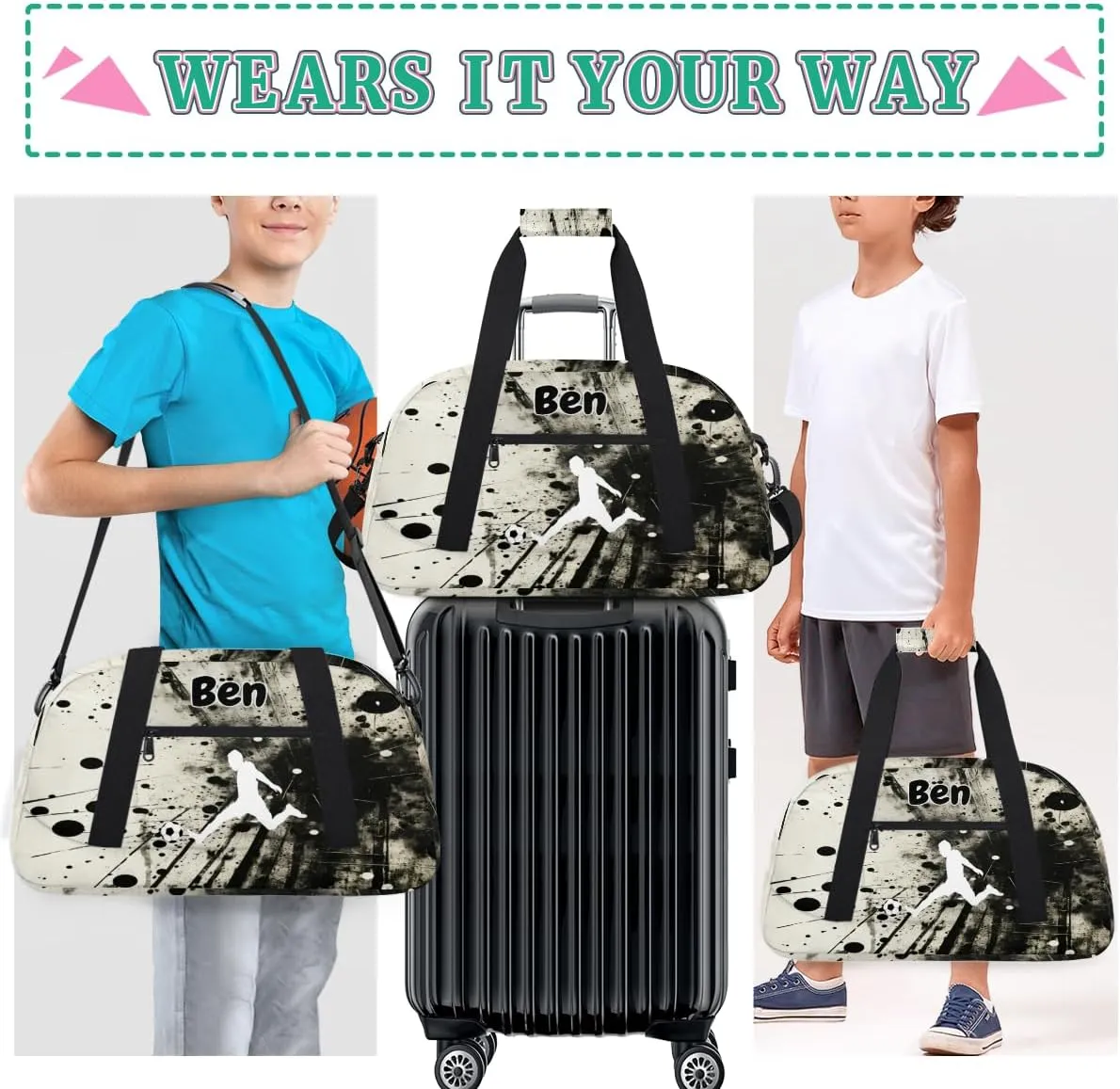 Custom Name Sports Duffel Bag Boys, Personalized Sportsman Training Bag Travel Weekender Tote Carry-On Fitness Workout Bag, Playig Soccer, Art Black Ink Abstract